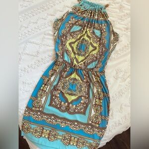 Cache Blue and Gold Sheath Mini Dress Halter Sleeveless